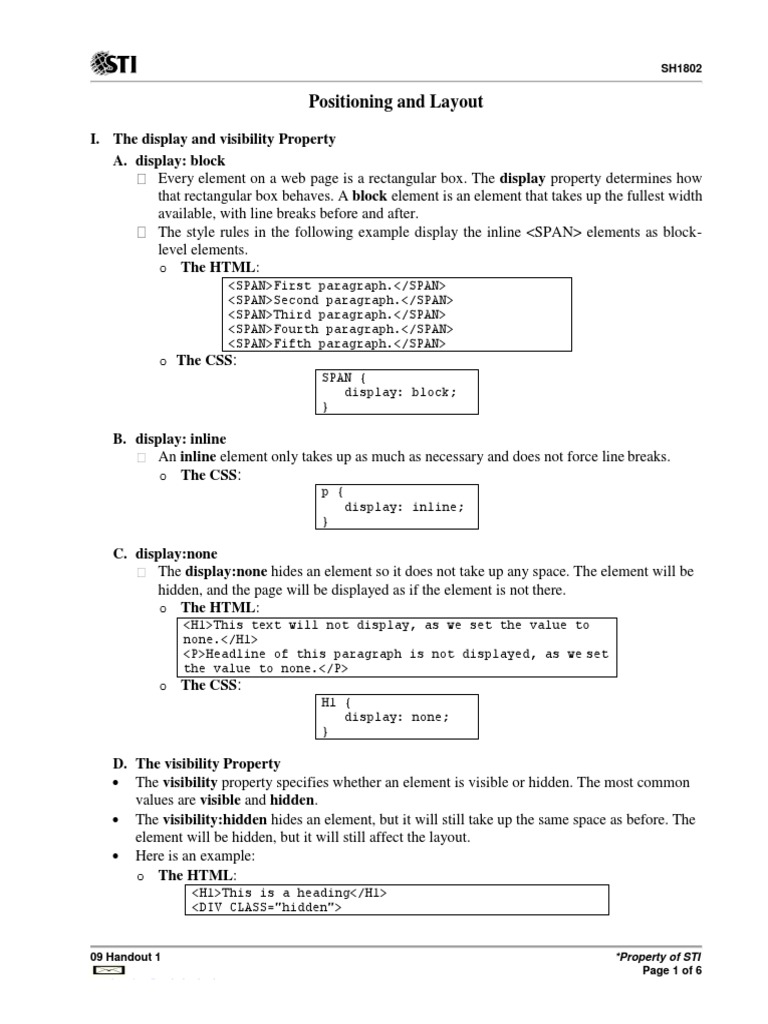 Positioning and Layout I. The Display and Visibility Property A