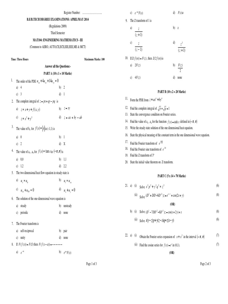 Engineering Mathematics III Exam 2014 | PDF | Fourier Series | Equations