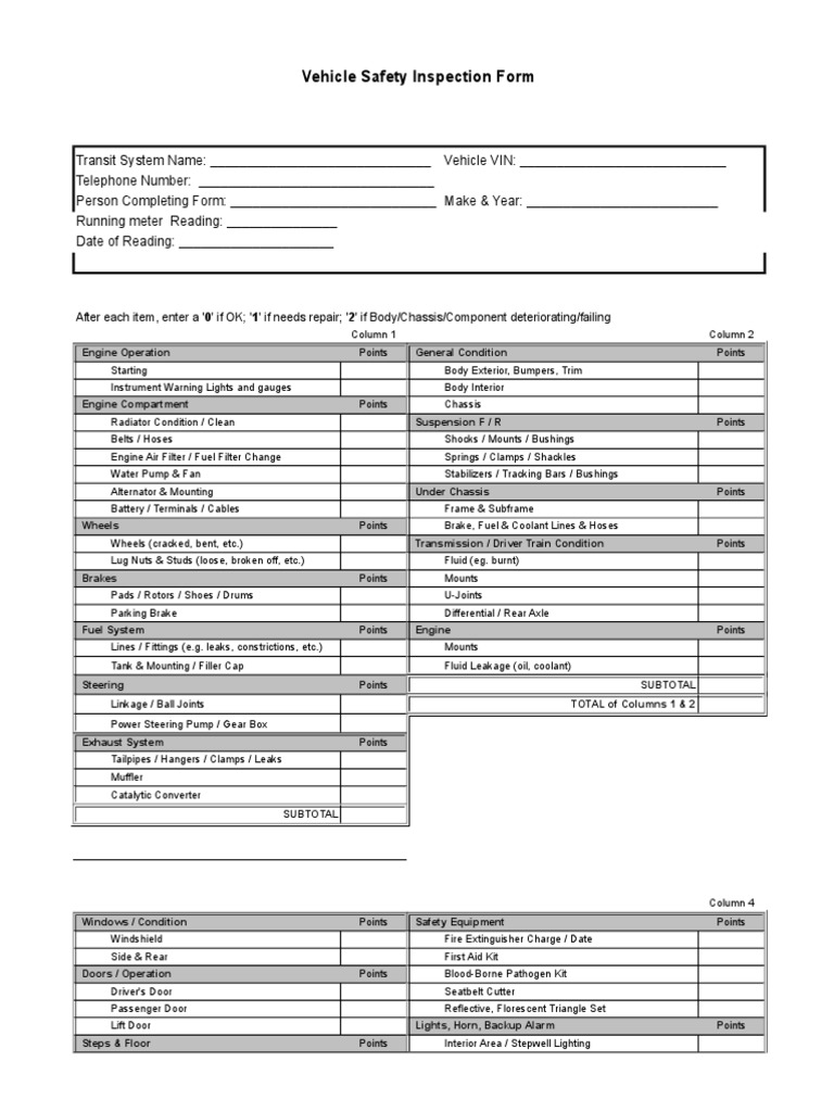 Vehicle Safety Inspection Form Part 1 PDF Steering Vehicles