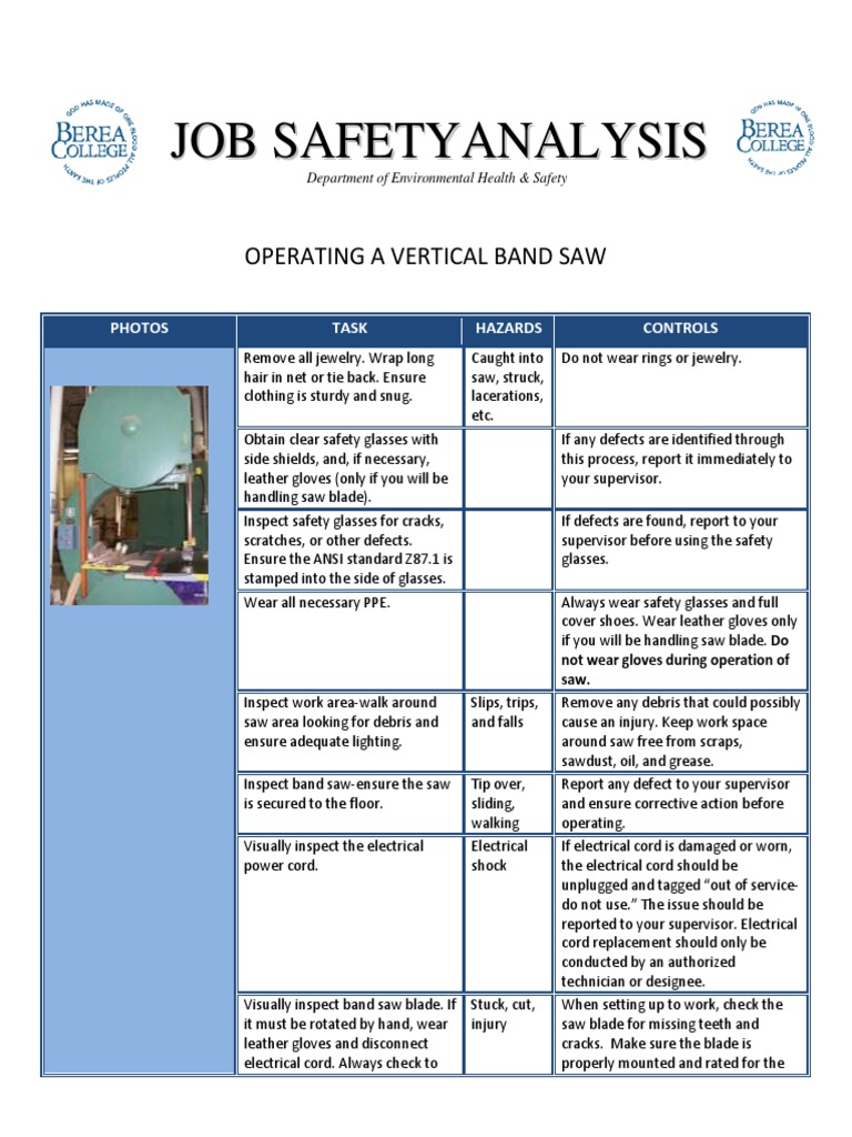 Band Saw JSA Personal Protective Equipment Equipment