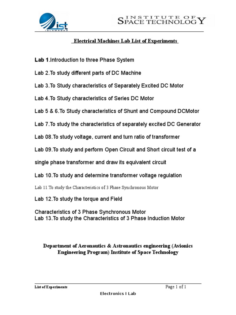 Electrical Machines Lab List of Experiments Lab 11.to Study The