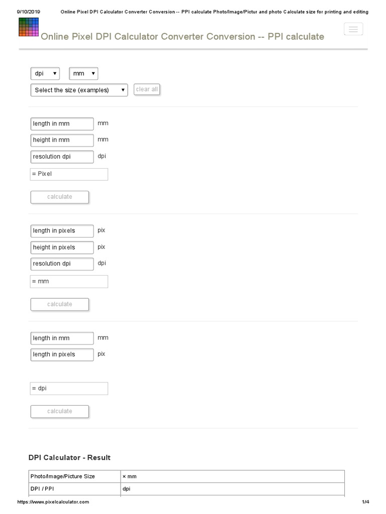 Online Pixel DPI Calculator Converter Conversion PPI Calculate Photo