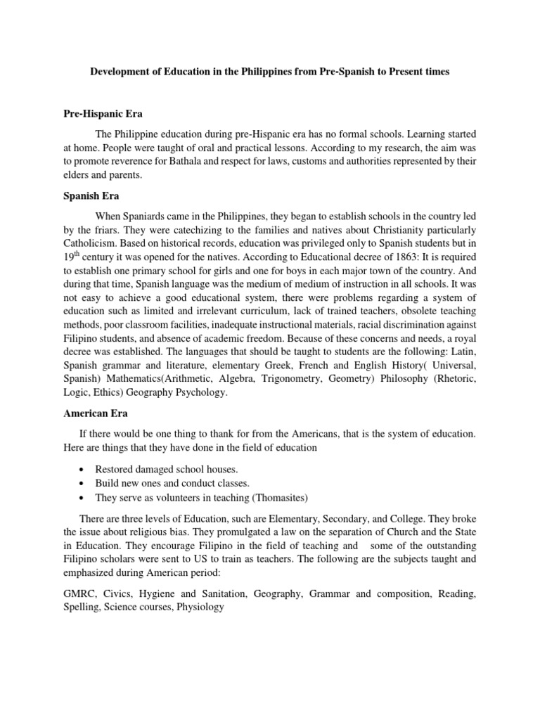 Development of Education in The Philippines From Pre-Spanish To Present ...