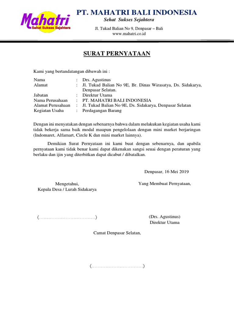 Kop Surat Surat Pernyataan Tidak Melakukan Kerjasama Dengan Minimarket Pdf