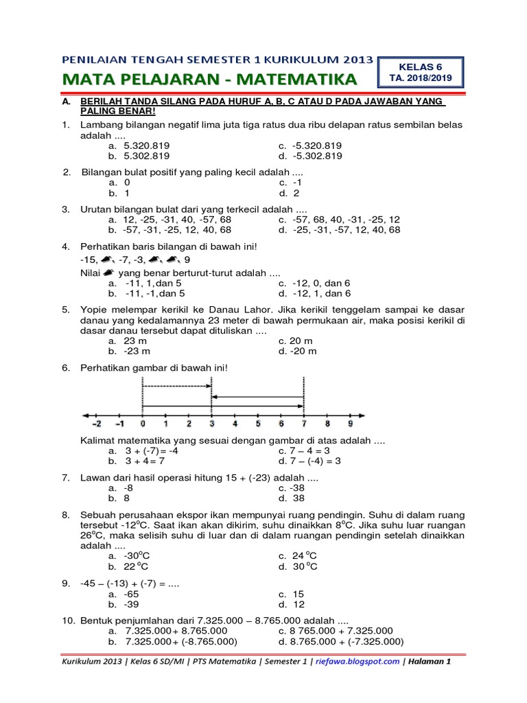 Soal Pts Ganjil Matematika Kelas 6 K13 Pdf