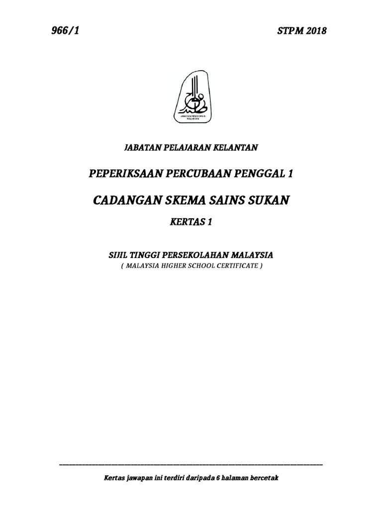 Skema Soalan Percubaan Sains Sukan Stpm Penggal 1 2018 Pdf