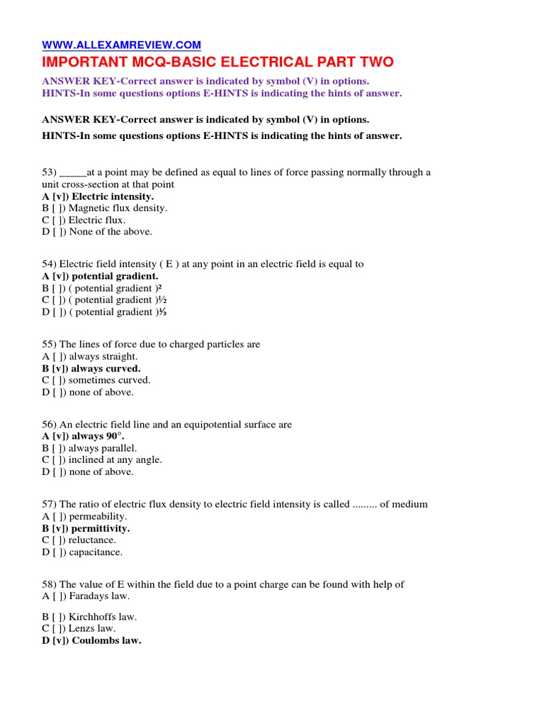 Important McqBasic Electrical Part Two PDF Series And Parallel