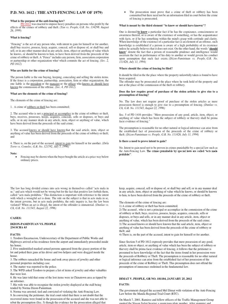P.D. No. 1612 (The AntiFencing Law of 1979) PDF Theft Robbery