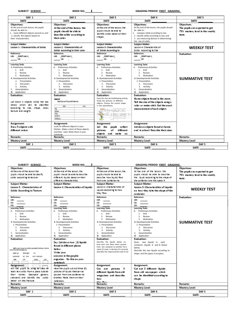 Weekly Test: Subject: Science Week No. 1 Grading Period: First Grading ...