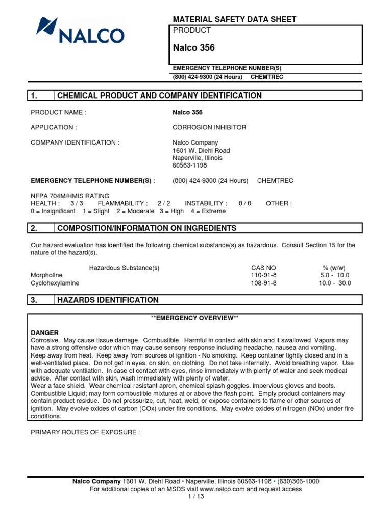 Nalco 356 Material Safety Data Sheet PDF Hazardous Waste