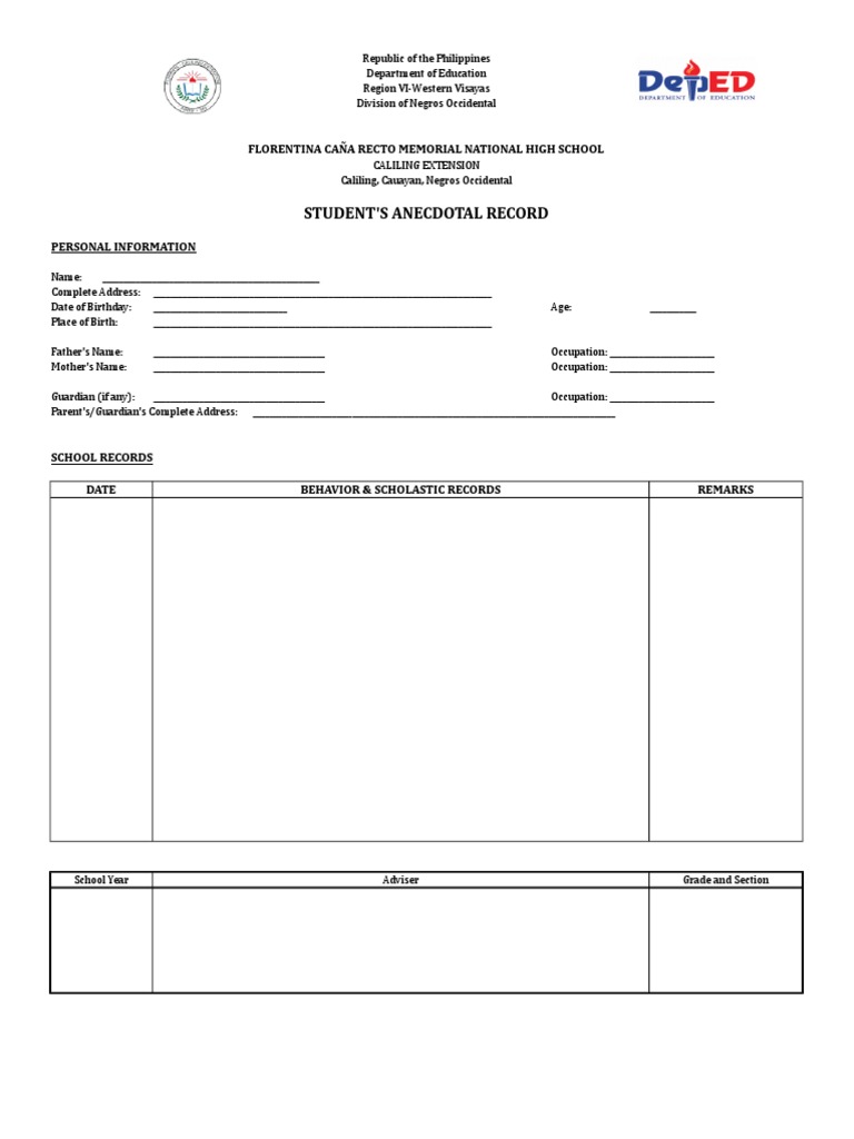 student's anecdotal record: florentina caña recto memorial