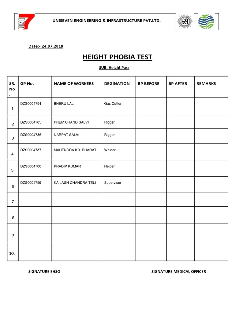 Height Phobia Test Uniseven Engineering & Infrastructure PVT LTD PDF