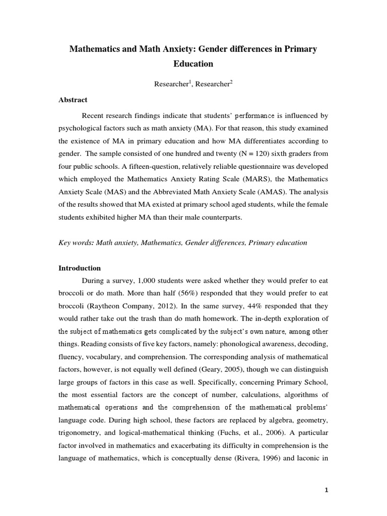 Gender Differences in Math Anxiety in Kids | PDF | Mann–Whitney U Test ...