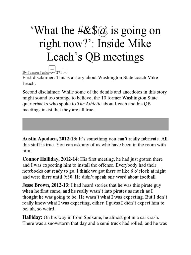 Mike Leach QB Meeting Article PDF American Football Sports
