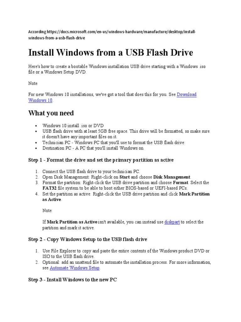 Install Windows From A USB Flash Drive PDF Usb Flash Drive