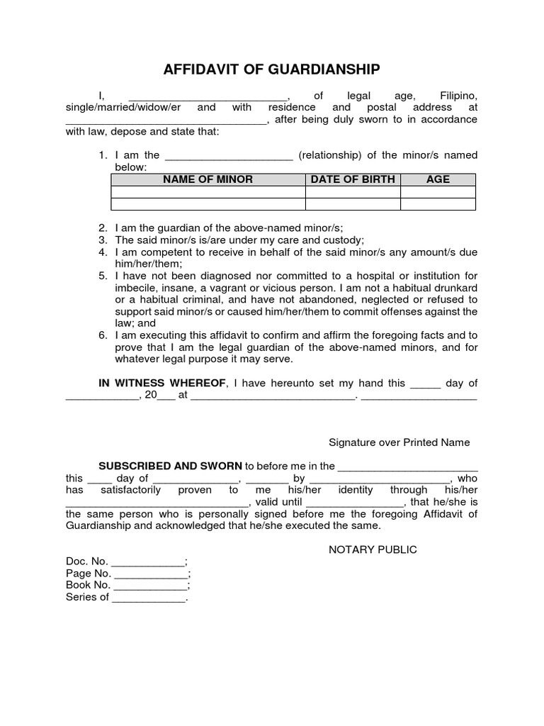 Affidavit of Guardianship Template | PDF | Social Science | Law