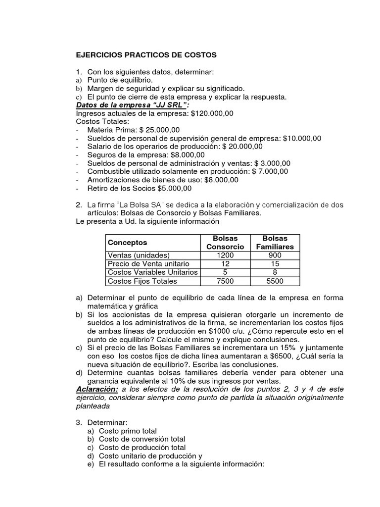 Ejercicios de Costos y Punto de Equilibrio | PDF | Salario | Precios