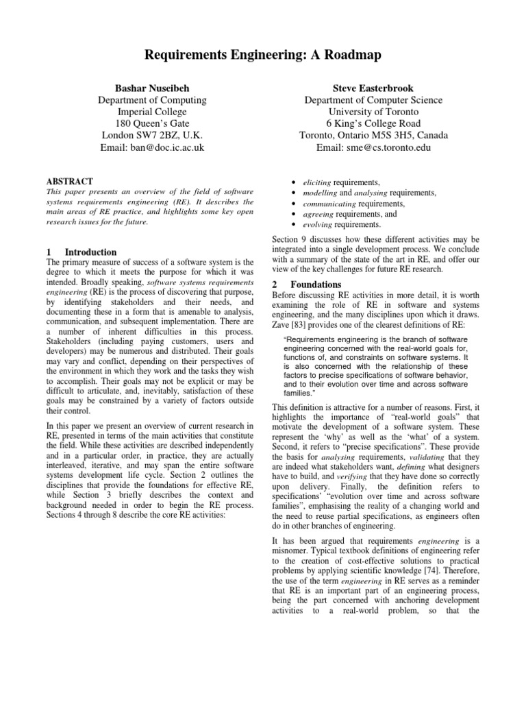 REQUIREMENTS ENGINEERING A ROADMAP intelligence overview