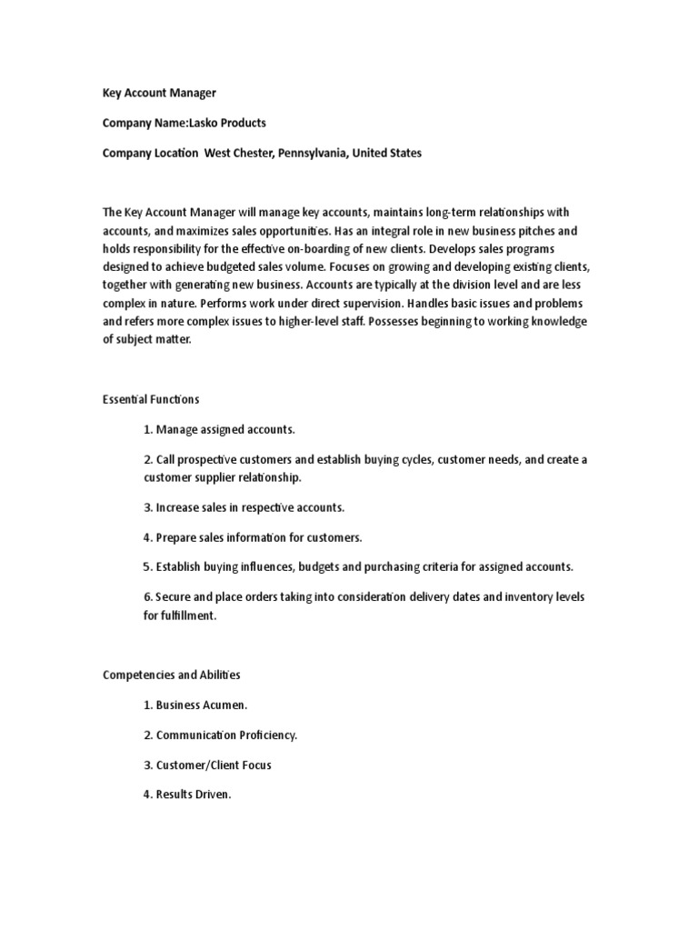 Key Account Manager Company NameLasko Products Company Location West Chester, Pennsylvania