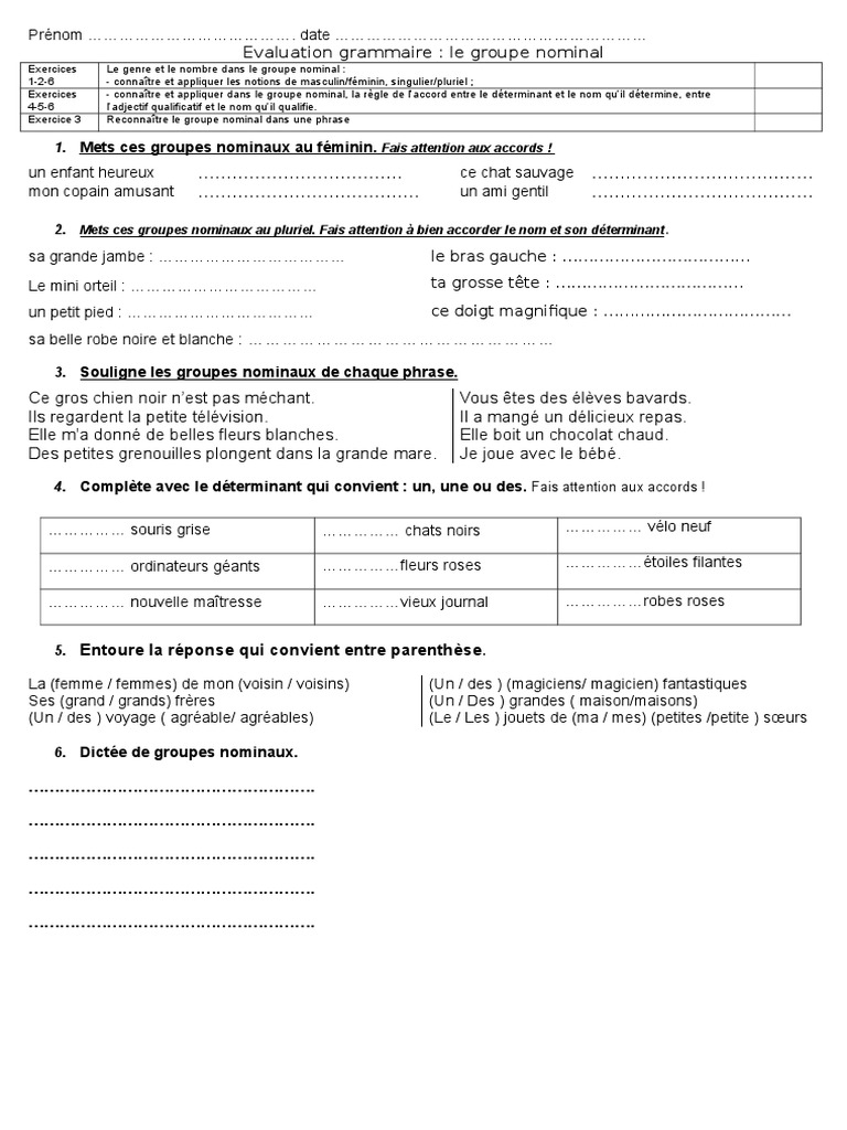 Exercices Groupe Nominal 6ème Pdf Kloiuyt | PDF | Genre grammatical | Nombre grammatical