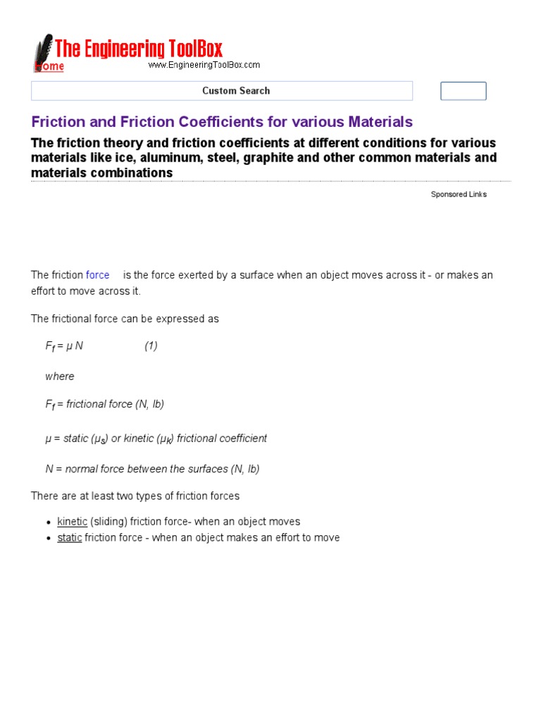 Friction Coefficients of Common Materials | PDF | Kinetic Energy | Friction
