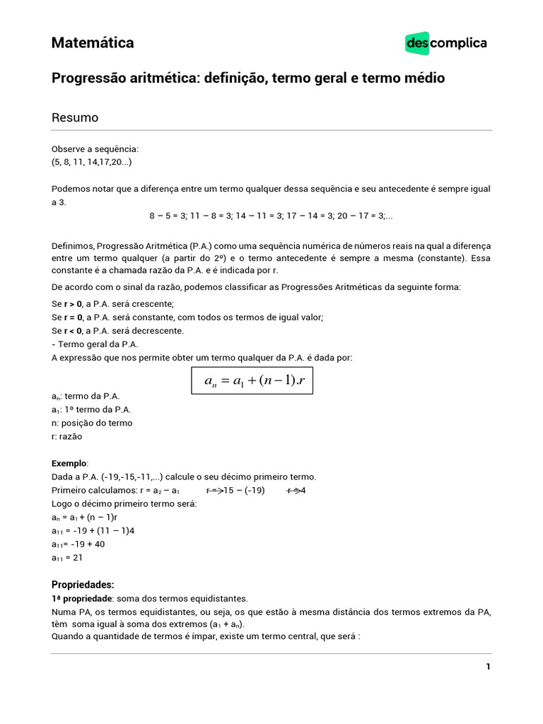 Progressão Aritmética - Definição, Termo Geral e Termo Médio | PDF ...