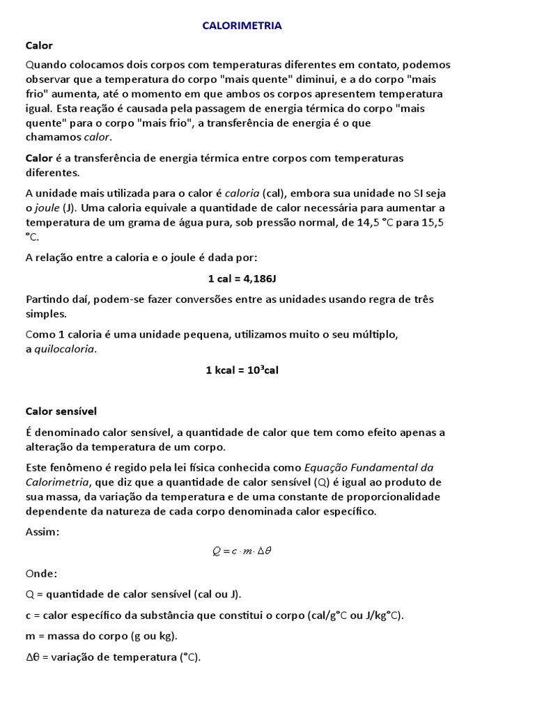 Fundamentos da Calorimetria e Exercícios | PDF | Calor | Calorimetria