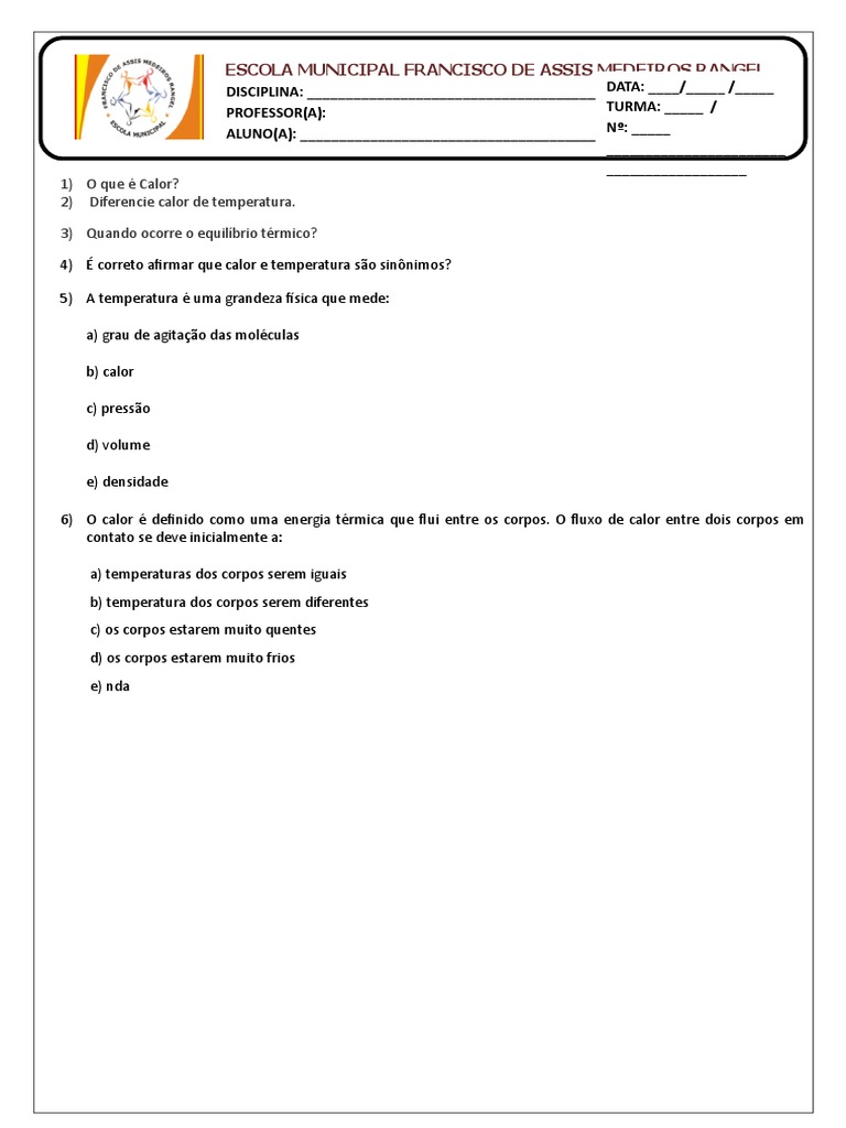 Atividade sobre Calor e Temperatura 7º Ano | PDF