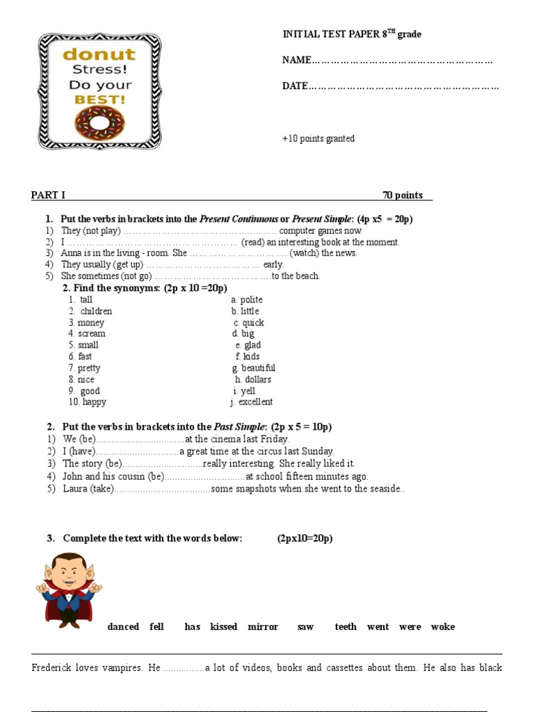 Initial Test Paper 8 Grade NAME DATE | PDF | Games & Activities ...