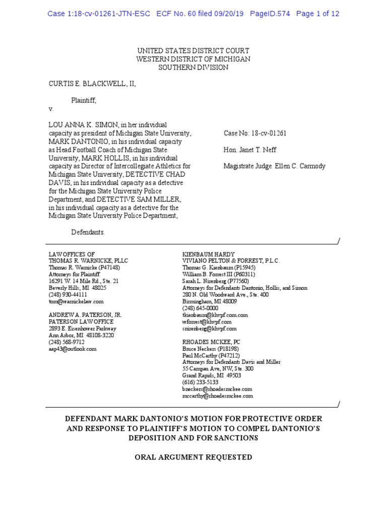 Mark Dantonio's Motion for Protective Order Deposition (Law