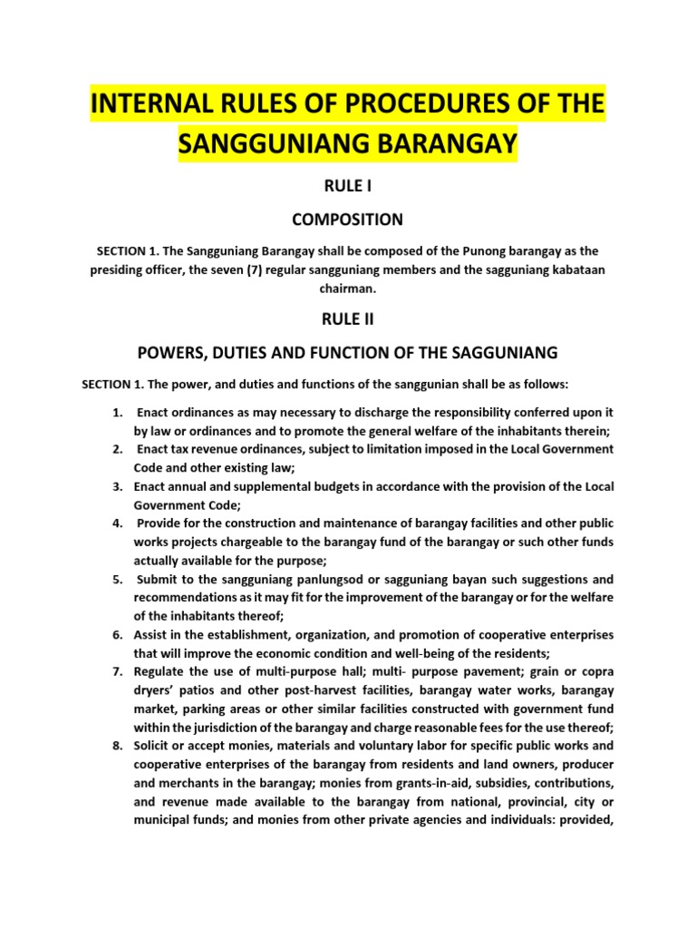 Internal Procedures of Sangguniang Barangay | PDF | Committee | Quorum