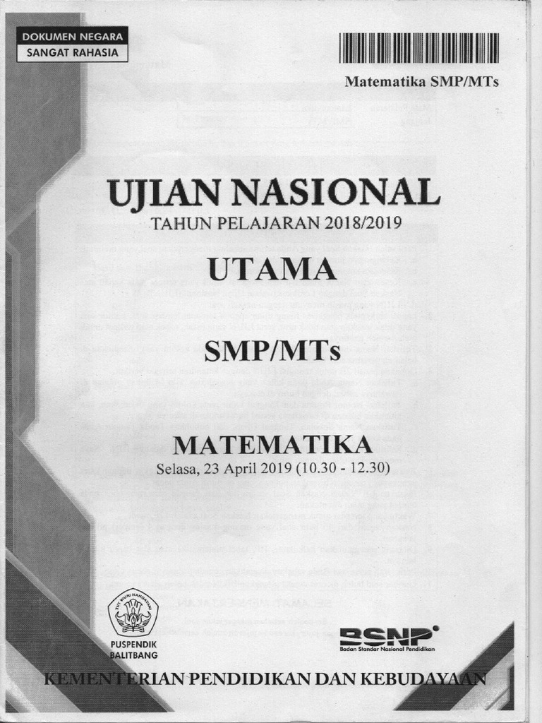 Naskah Soal Unbk Unkp Matematika Smp 2019