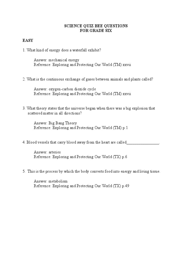 Science Quiz Bee Questions 2015 PDF Blood Earth