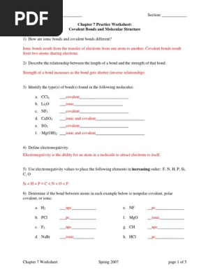Chemistry Worksheet Covalent Bond Chemical Polarity