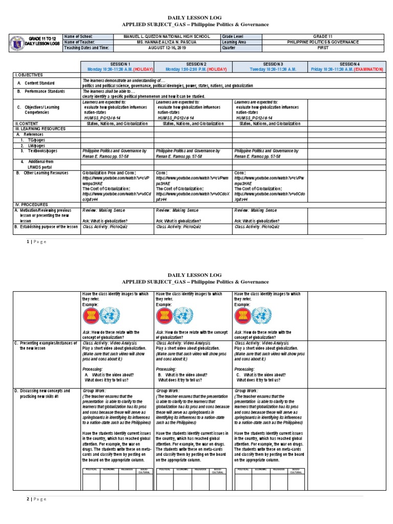 Daily Lesson Log APPLIED SUBJECT - GAS - Philippine Politics ...