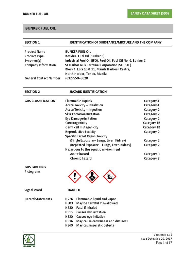 Safety Data Sheet for Bunker Fuel Oil Hazards and First Aid Measures