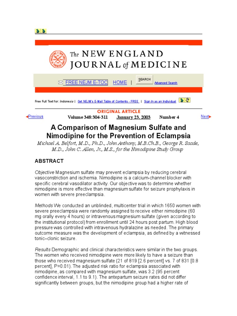 A Comparison of Magnesium Sulfate and Nimodipine For The Prevention of Eclampsia PDF Blood