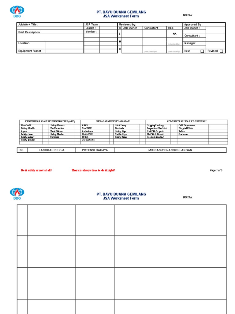Pt Bayu Buana Gemilang JSA Worksheet Form PDF Safety Equipment