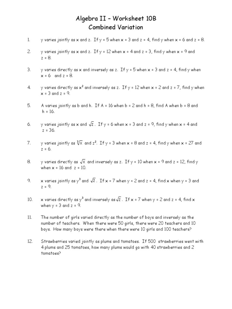 Algebra ii worksheet 10b combined variation pdf teaching mathematics