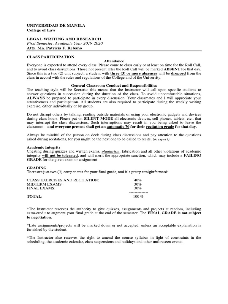 Course Syllabus Legal Writing and Research 2019 2020 UDM | PDF | Academic  Term | Test (Assessment)