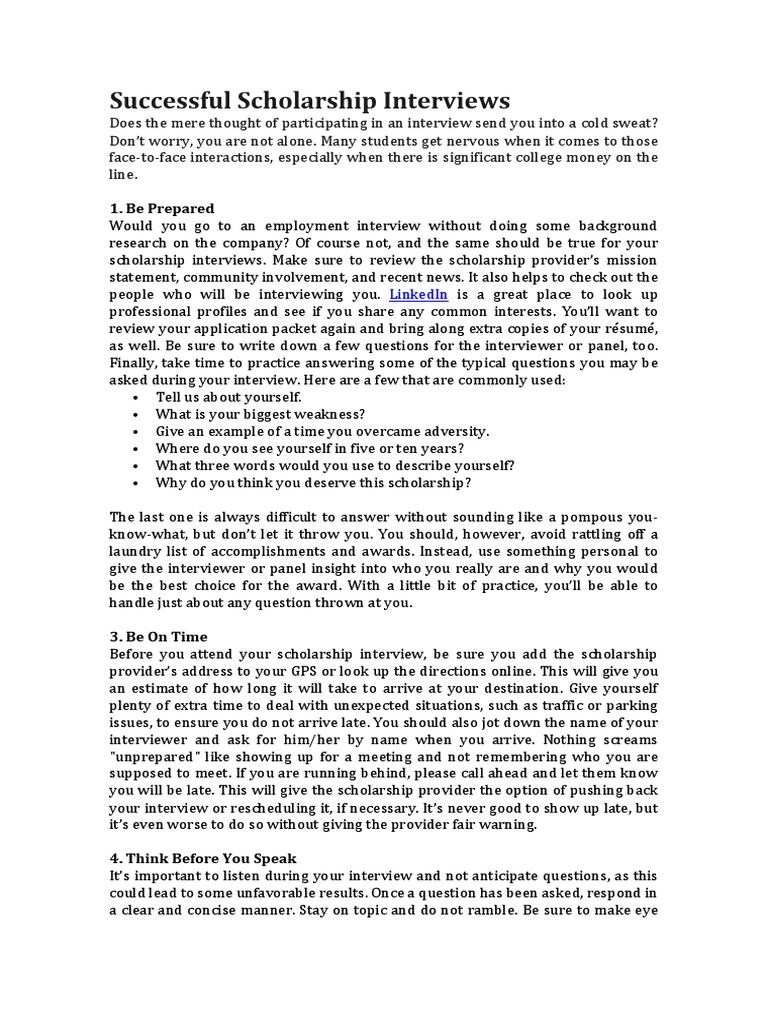 Scholarship Interview Success Tips | PDF | Graduate School | Interview