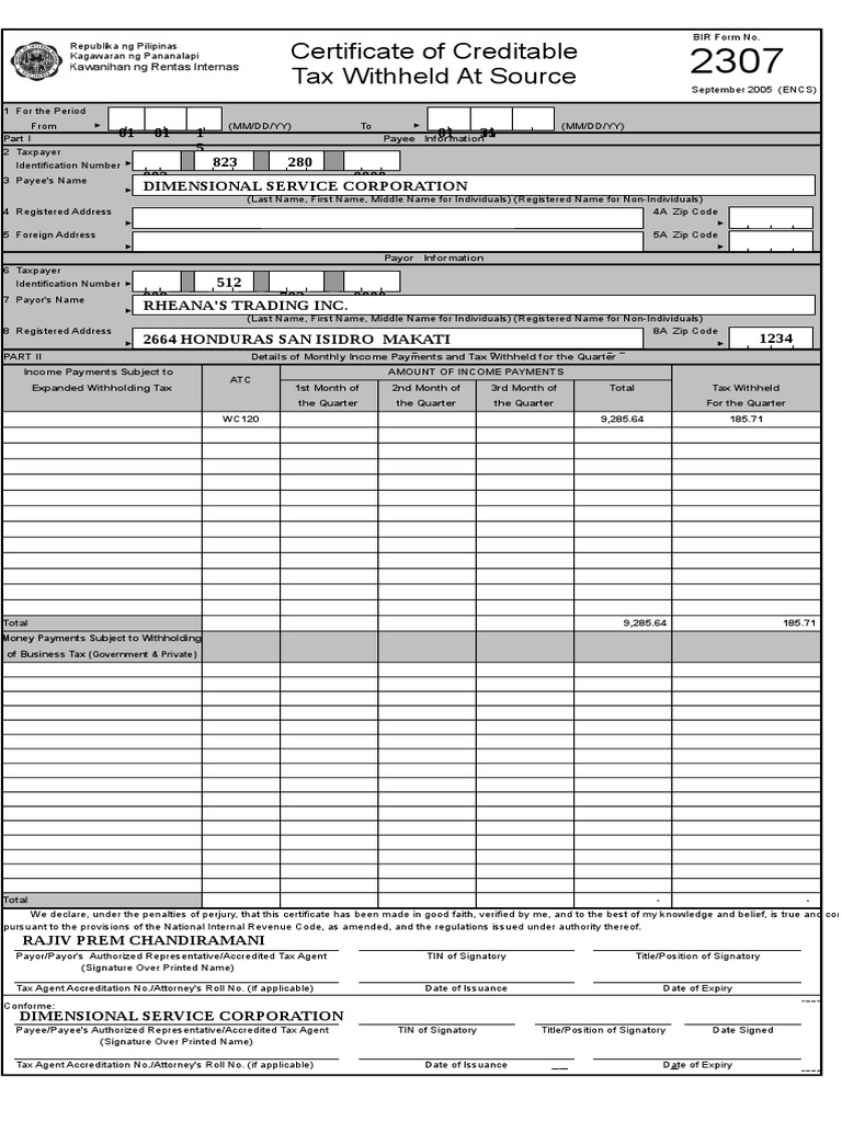 BIR Form 2307: Sample and Computation Guide | PDF | Withholding Tax ...