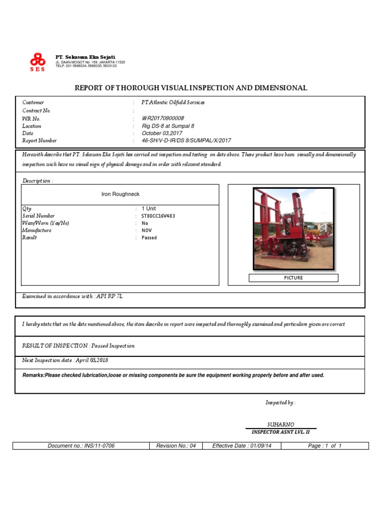 Report of Thorough Visual Inspection and Dimensional: PT. Sekawan Eka ...