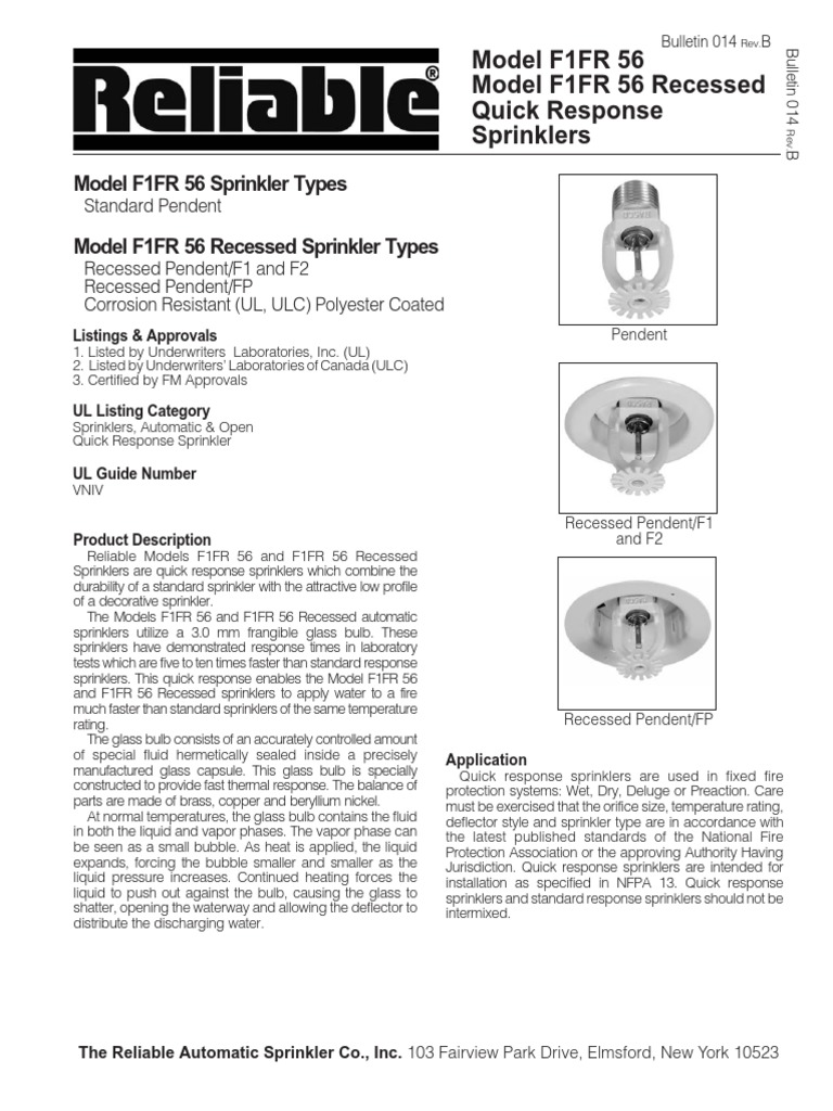 Model F1FR 56 Sprinkler Bulletin Rev. B | PDF | Fire Sprinkler System ...