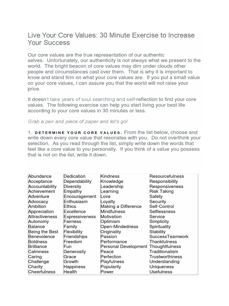 Live Your Core Values: 30 Minute Exercise To Increase Your Success ...