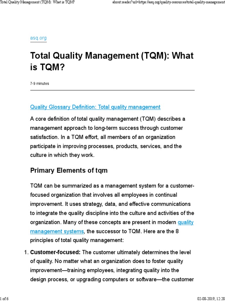 Total Quality Management (TQM) What Is TQM? Primary Elements of TQM PDF Quality