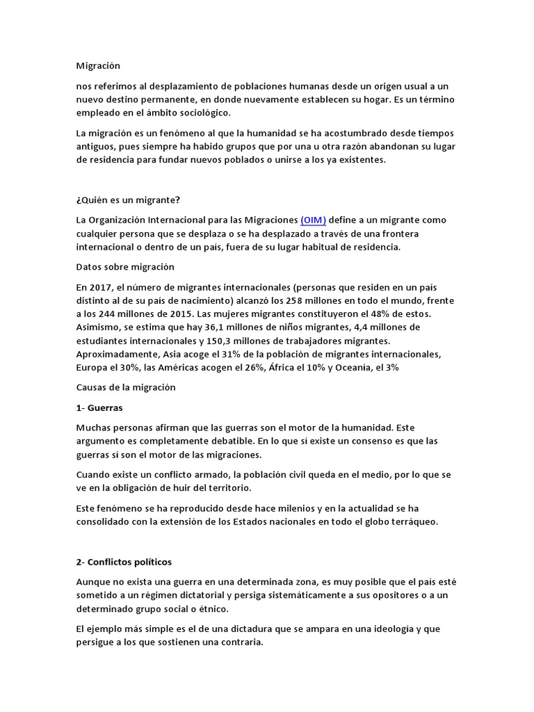 Causas y datos de la migración humana | PDF | Migración humana ...