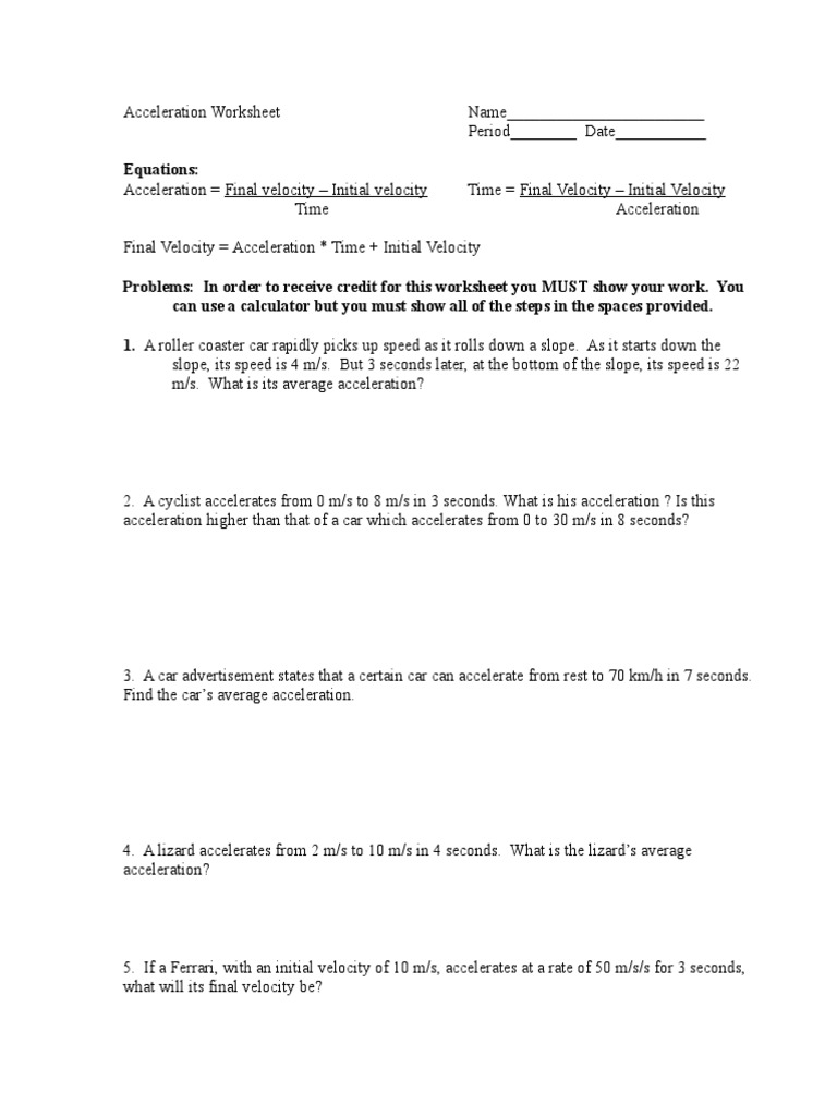 AccelerationWorksheet 24  PDF For Acceleration Practice Problems Worksheet
