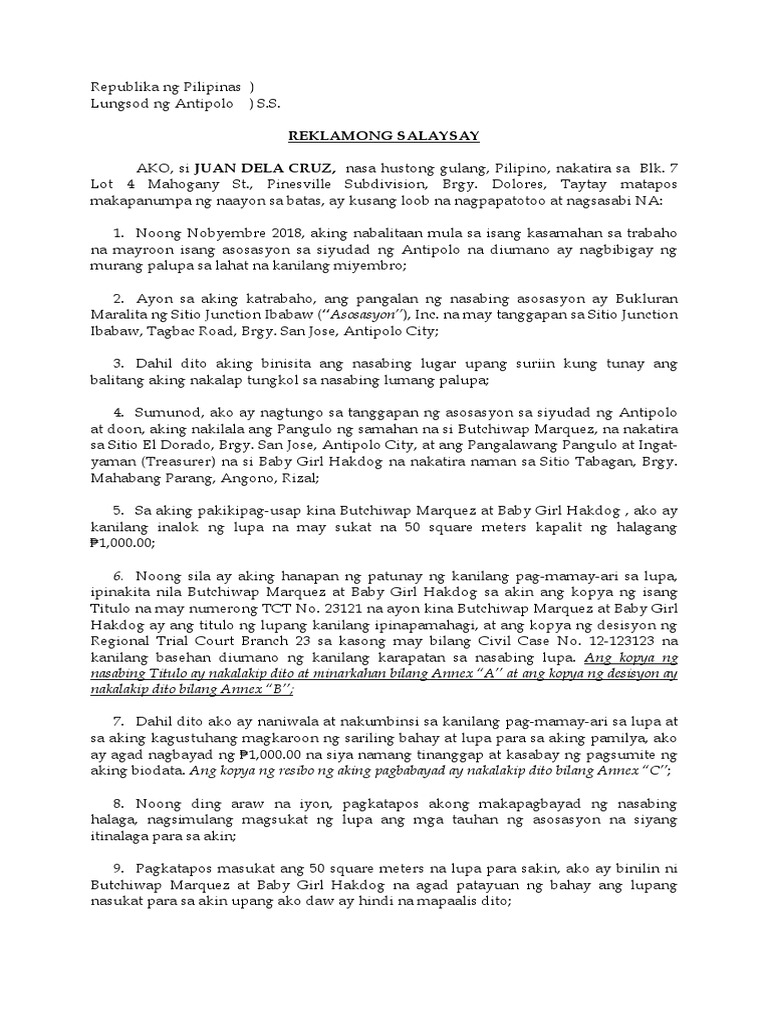 Template Sample Tagalog Complaint Professional Squatting + Estafa PDF