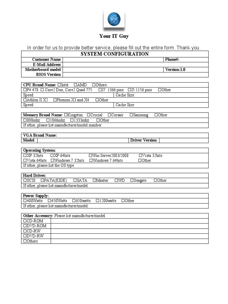 PC System Configuration Form | PDF | Games & Activities